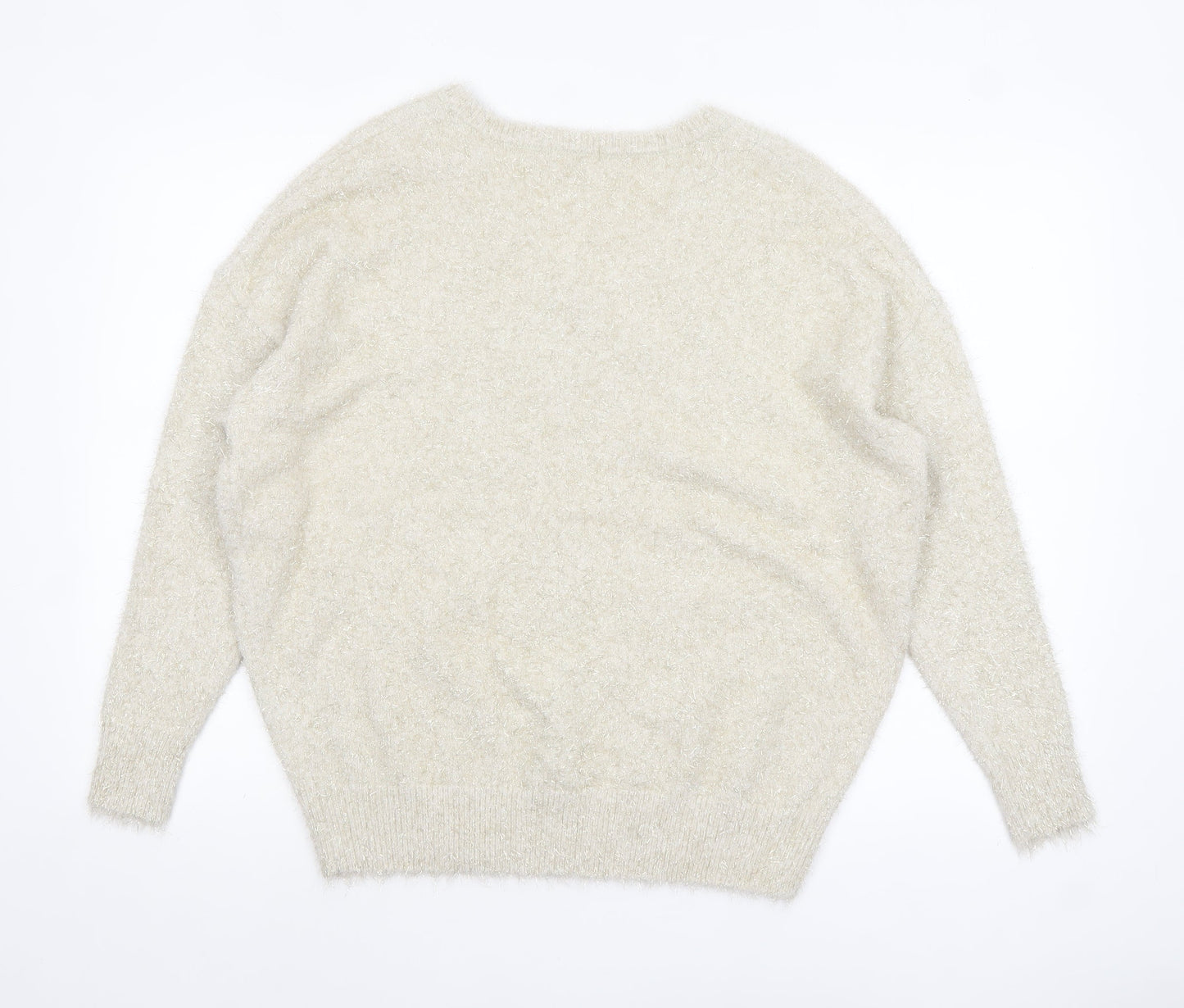 TU Women’s Beige V-Neck Fluffy Jumper Size 14 Polyamide Metallic Blend