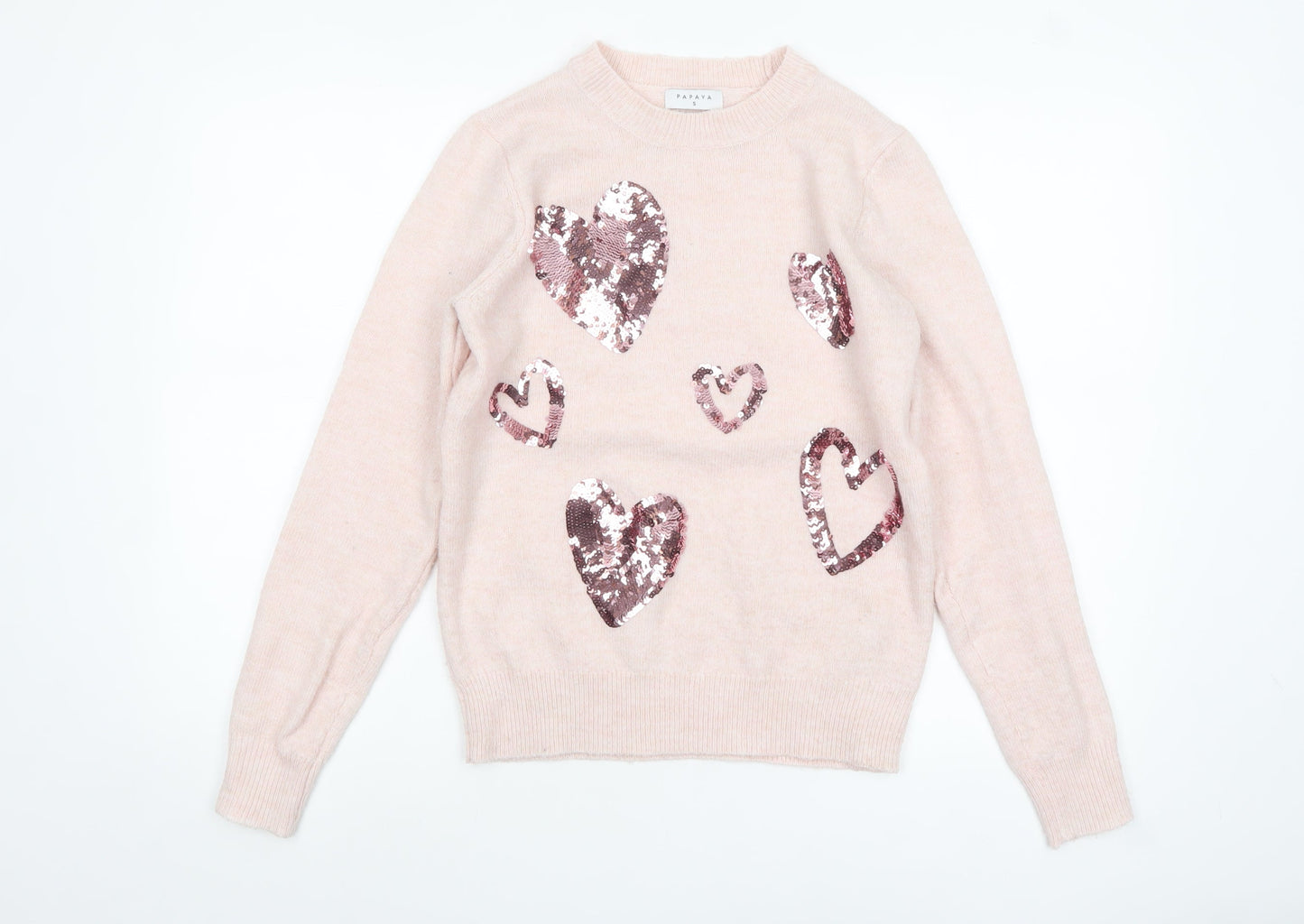 Papaya Womens Pink Sequin Heart Pullover Jumper Size S