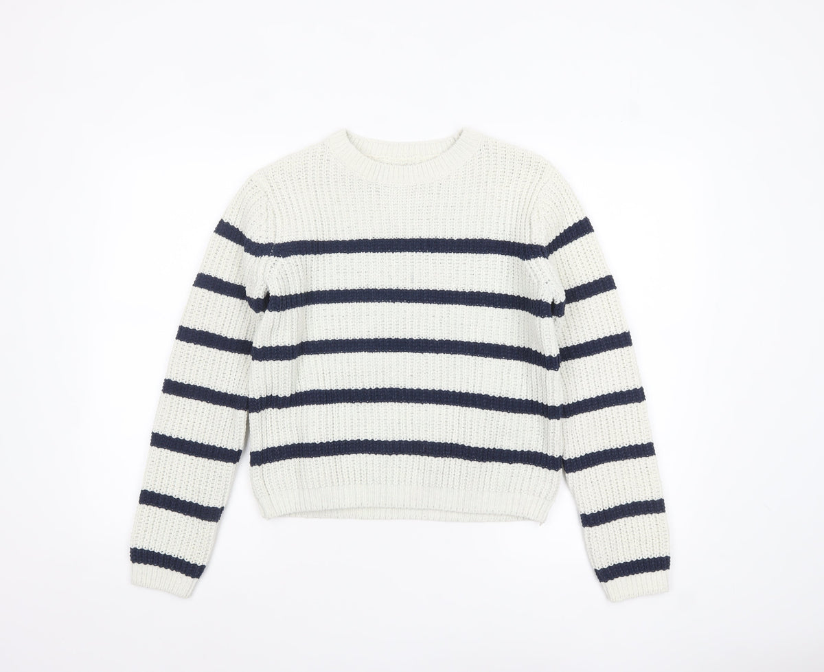 F&F Girls White Navy Striped Crew Neck Long Sleeve Pullover Jumper 13 Years