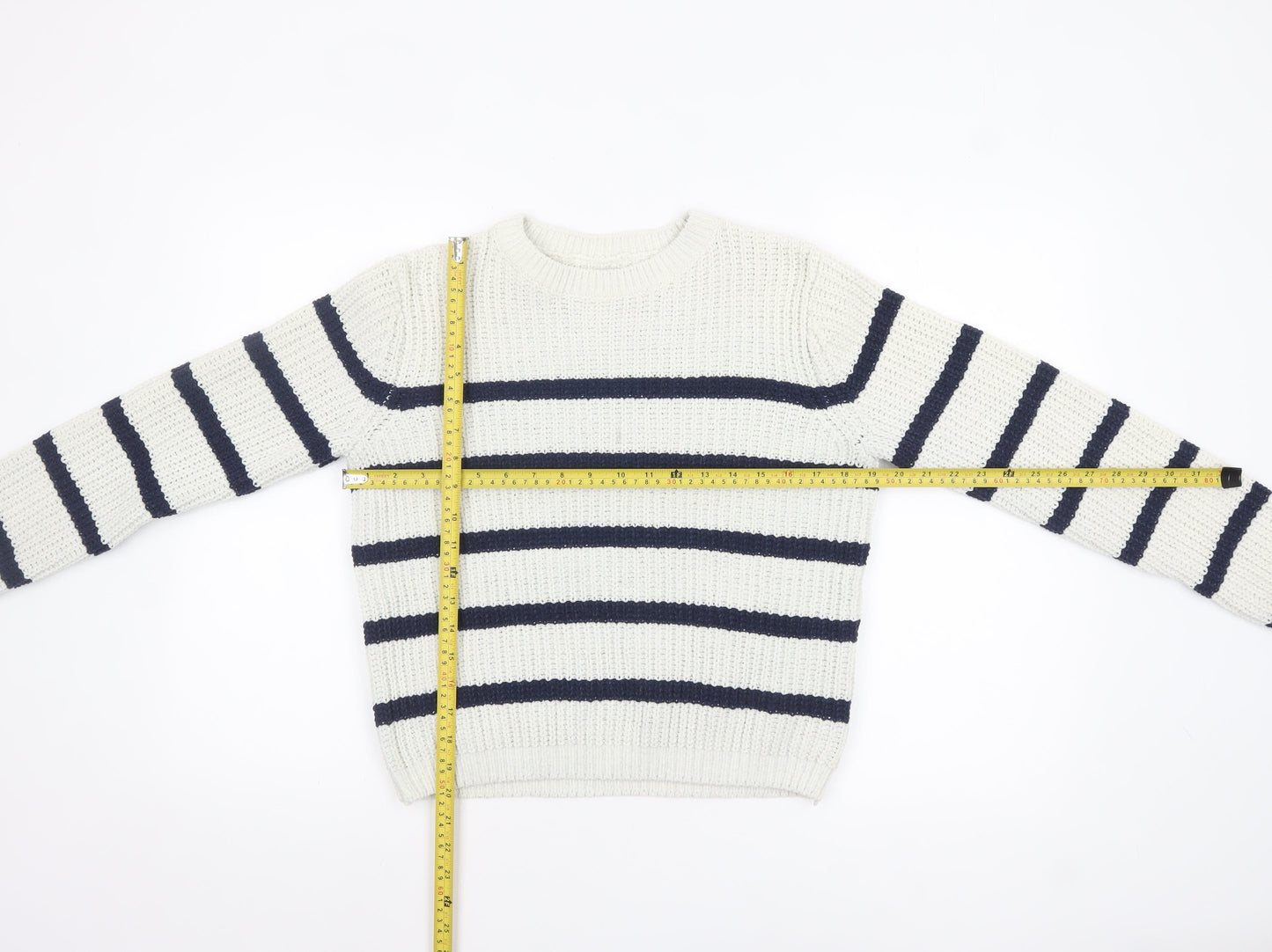 F&F Girls White Navy Striped Crew Neck Long Sleeve Pullover Jumper 13 Years
