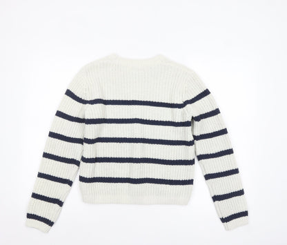 F&F Girls White Navy Striped Crew Neck Long Sleeve Pullover Jumper 13 Years