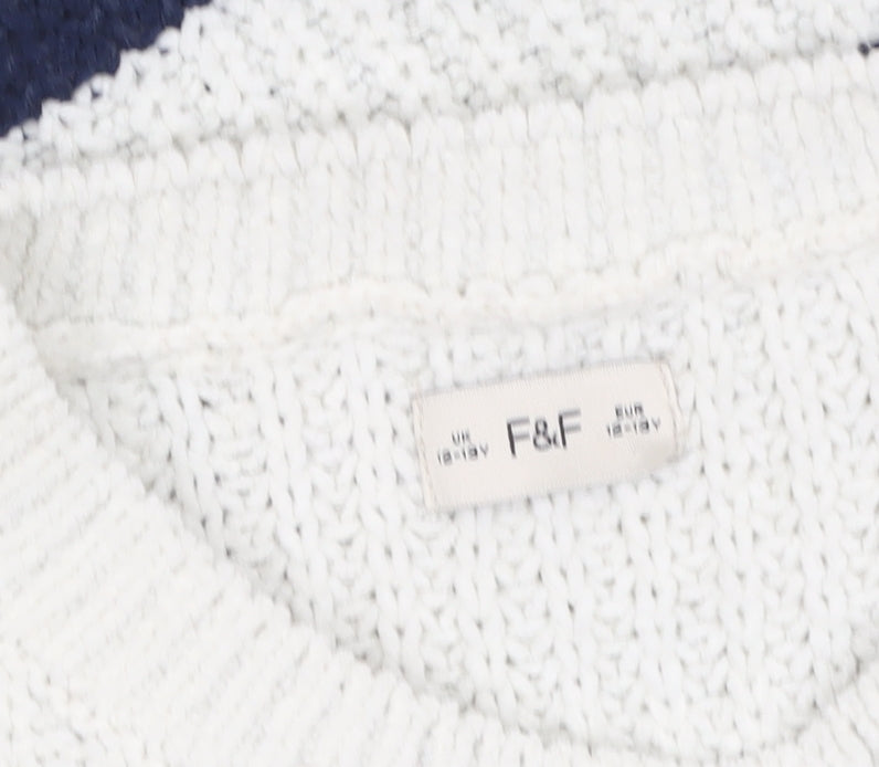 F&F Girls White Navy Striped Crew Neck Long Sleeve Pullover Jumper 13 Years