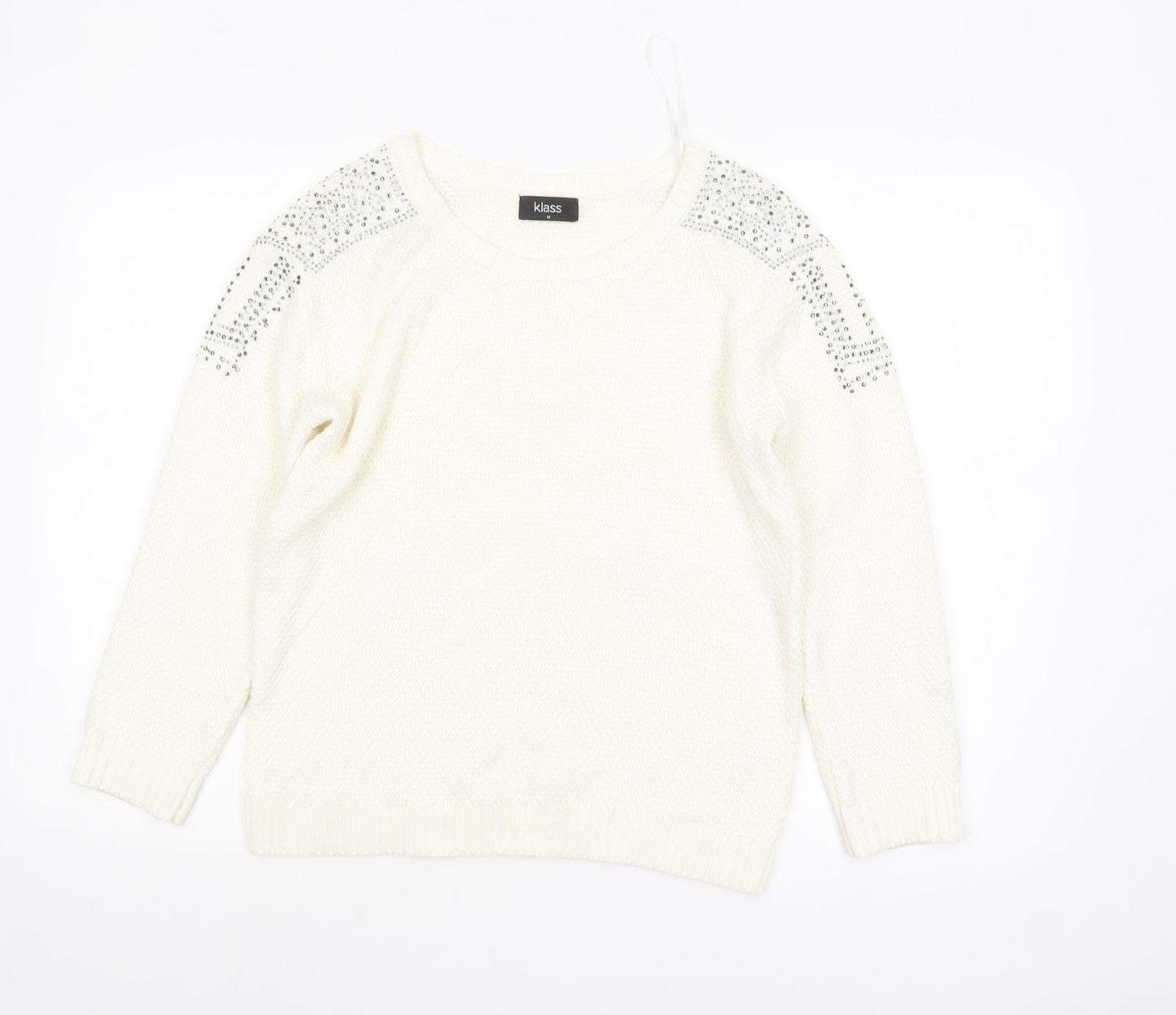 Klass Women's White Rhinestone Knit Pullover Jumper Size M