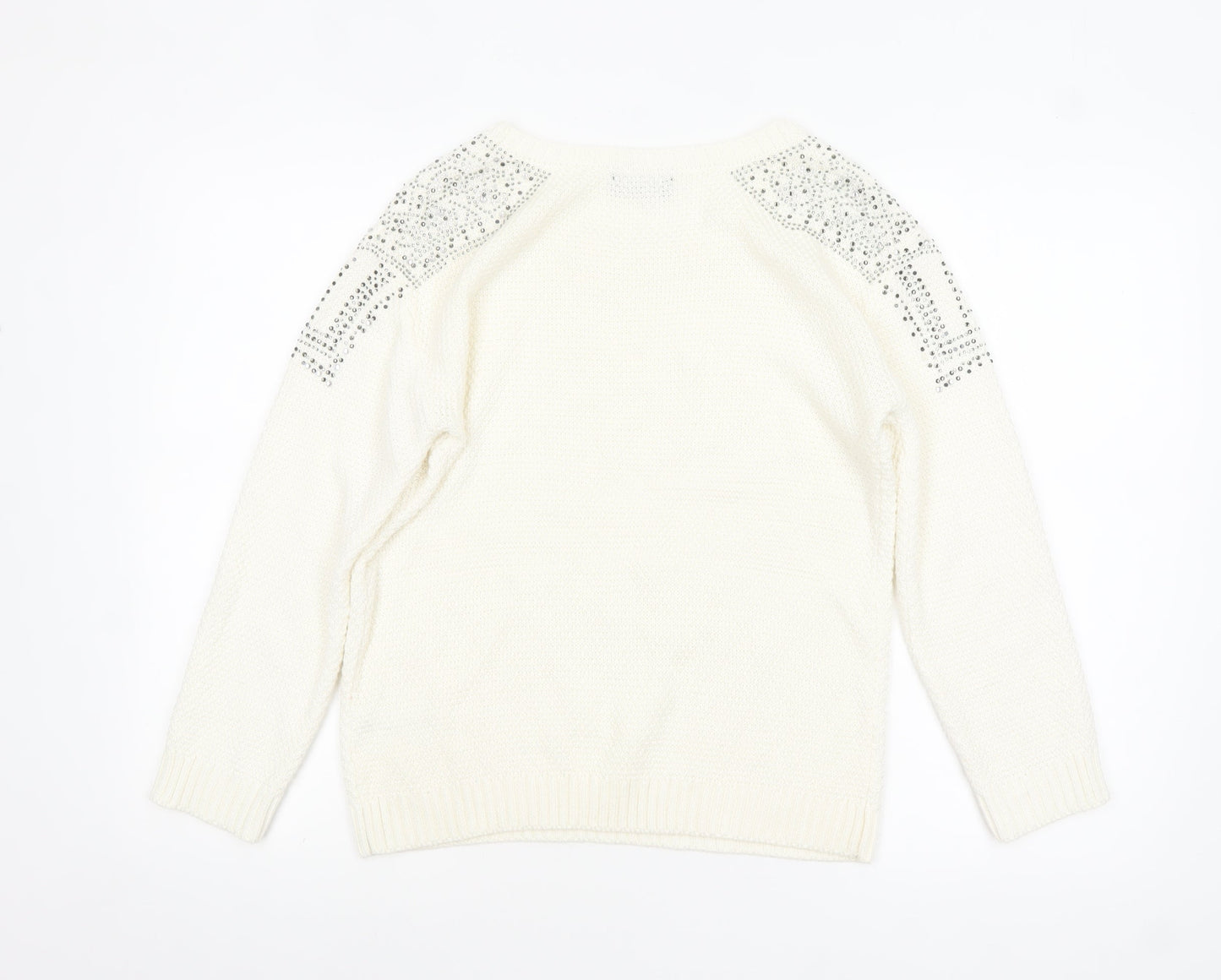 Klass Women's White Rhinestone Knit Pullover Jumper Size M