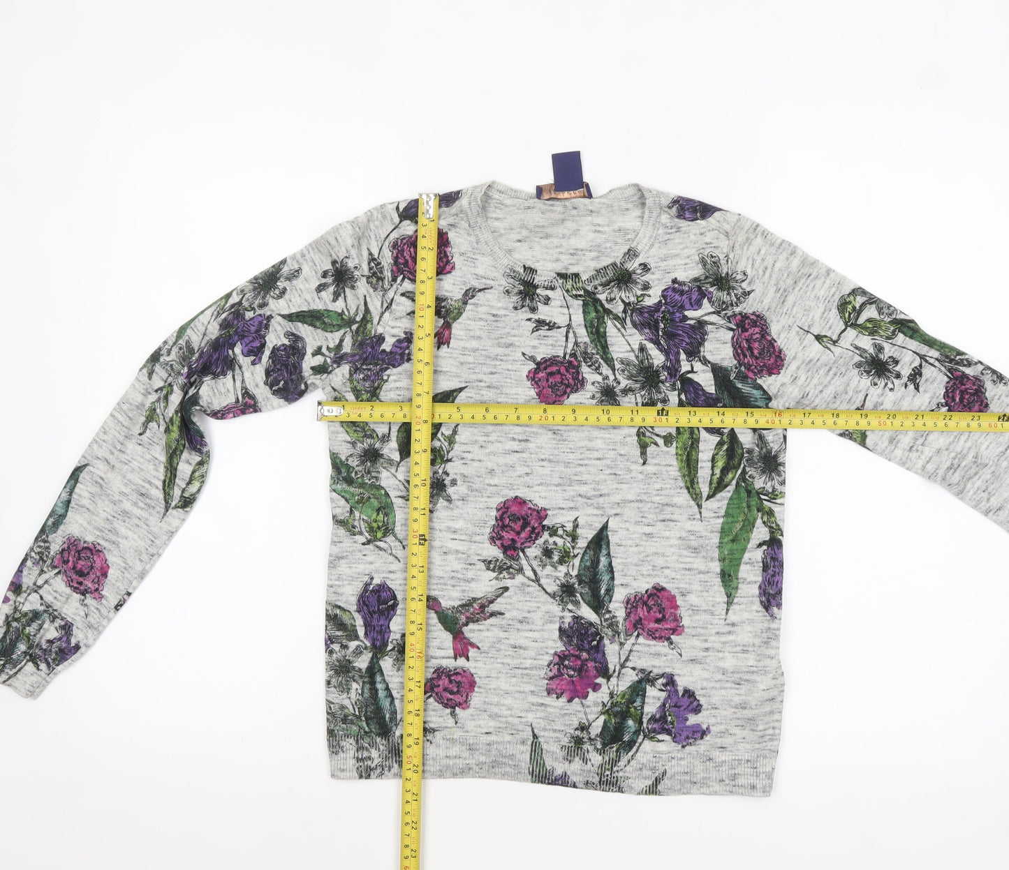 Oasis Women Grey Floral Crew Neck Cotton Jumper XS