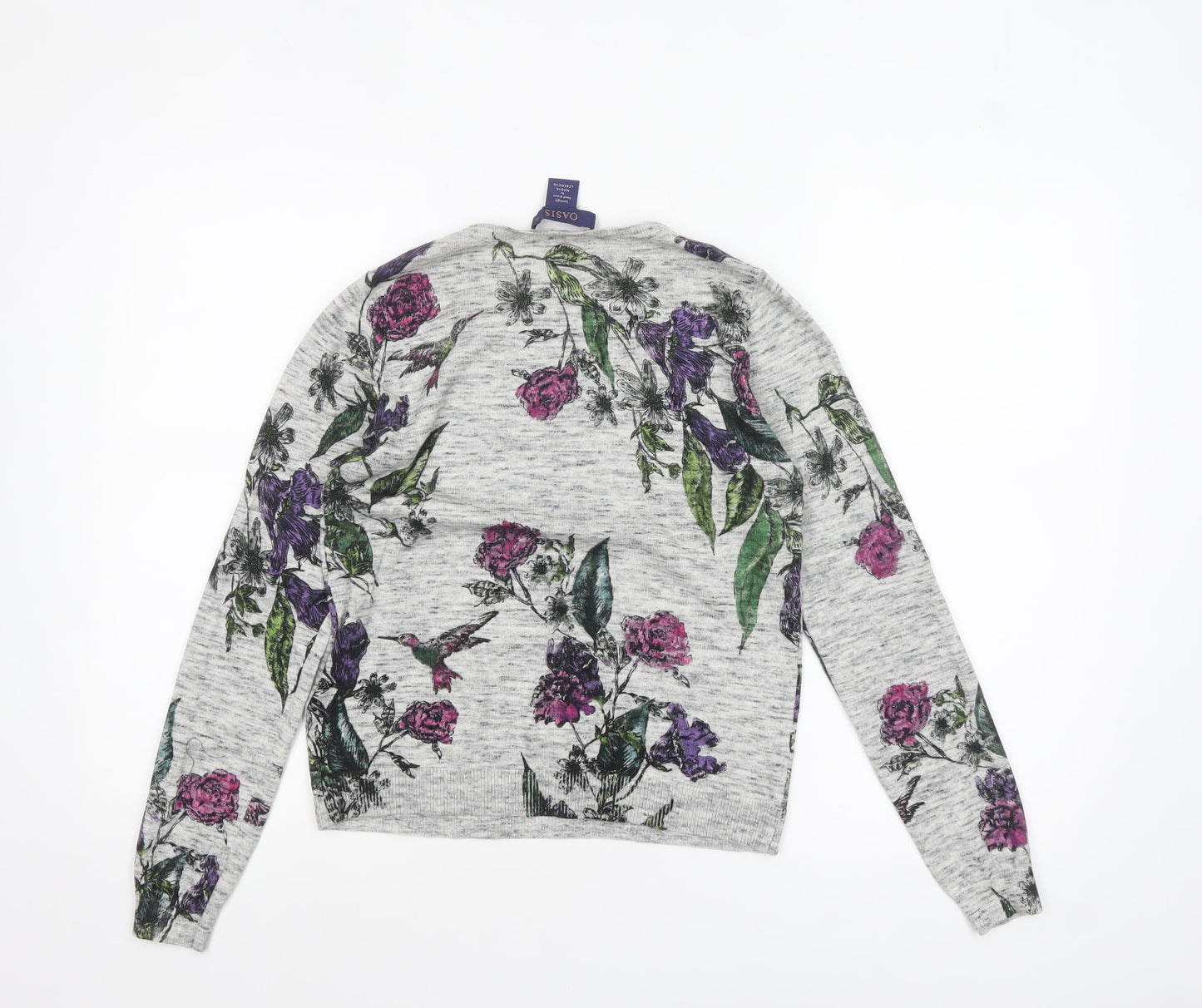 Oasis Women Grey Floral Crew Neck Cotton Jumper XS