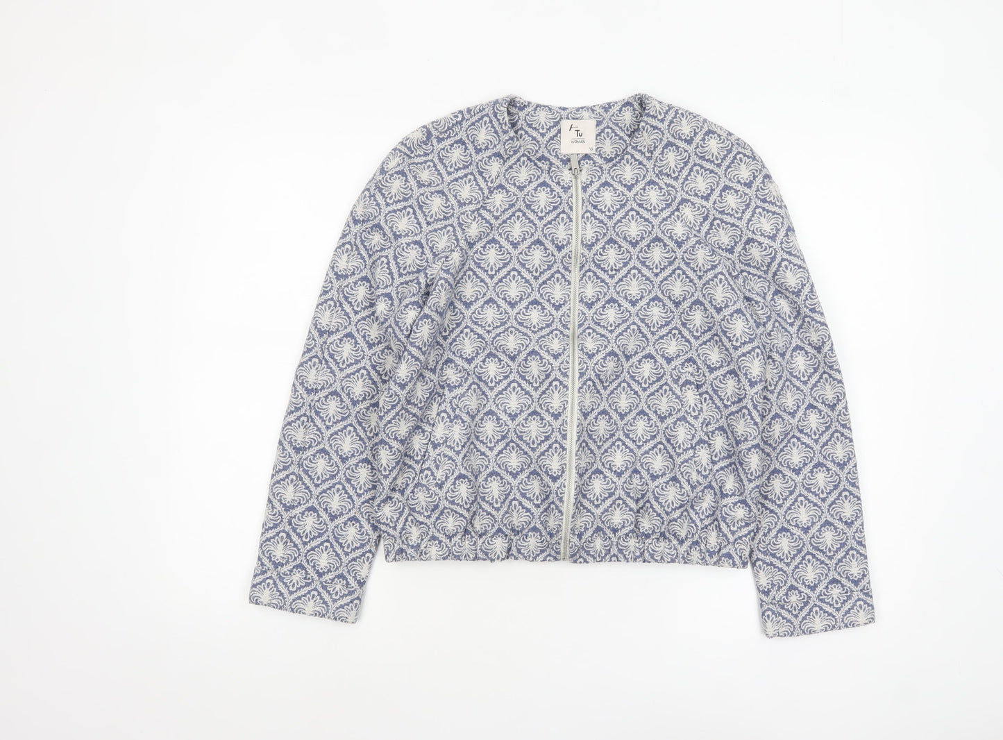Tu Women’s Blue Patterned Zip-Up Jacket Size 10 Cotton Blend
