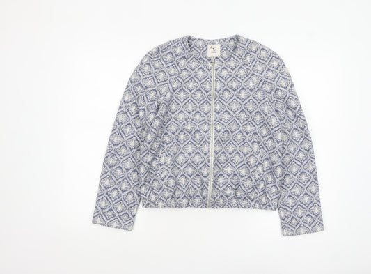 Tu Women’s Blue Patterned Zip-Up Jacket Size 10 Cotton Blend