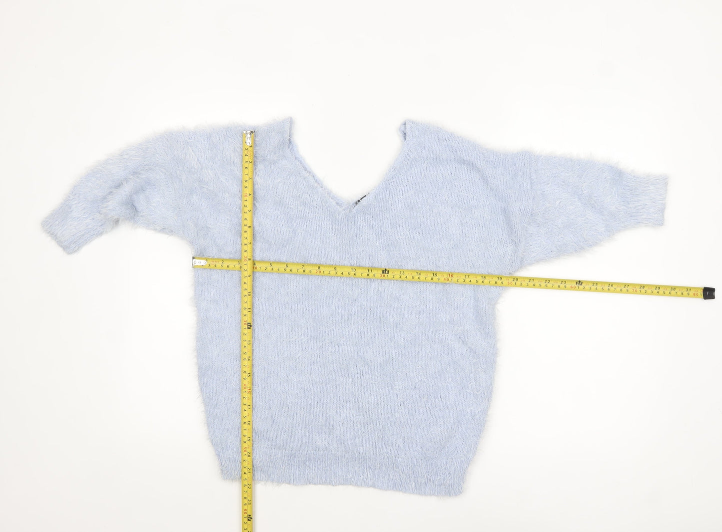 F&F Women’s Light Blue Fluffy V-Neck Pullover Jumper Size 12