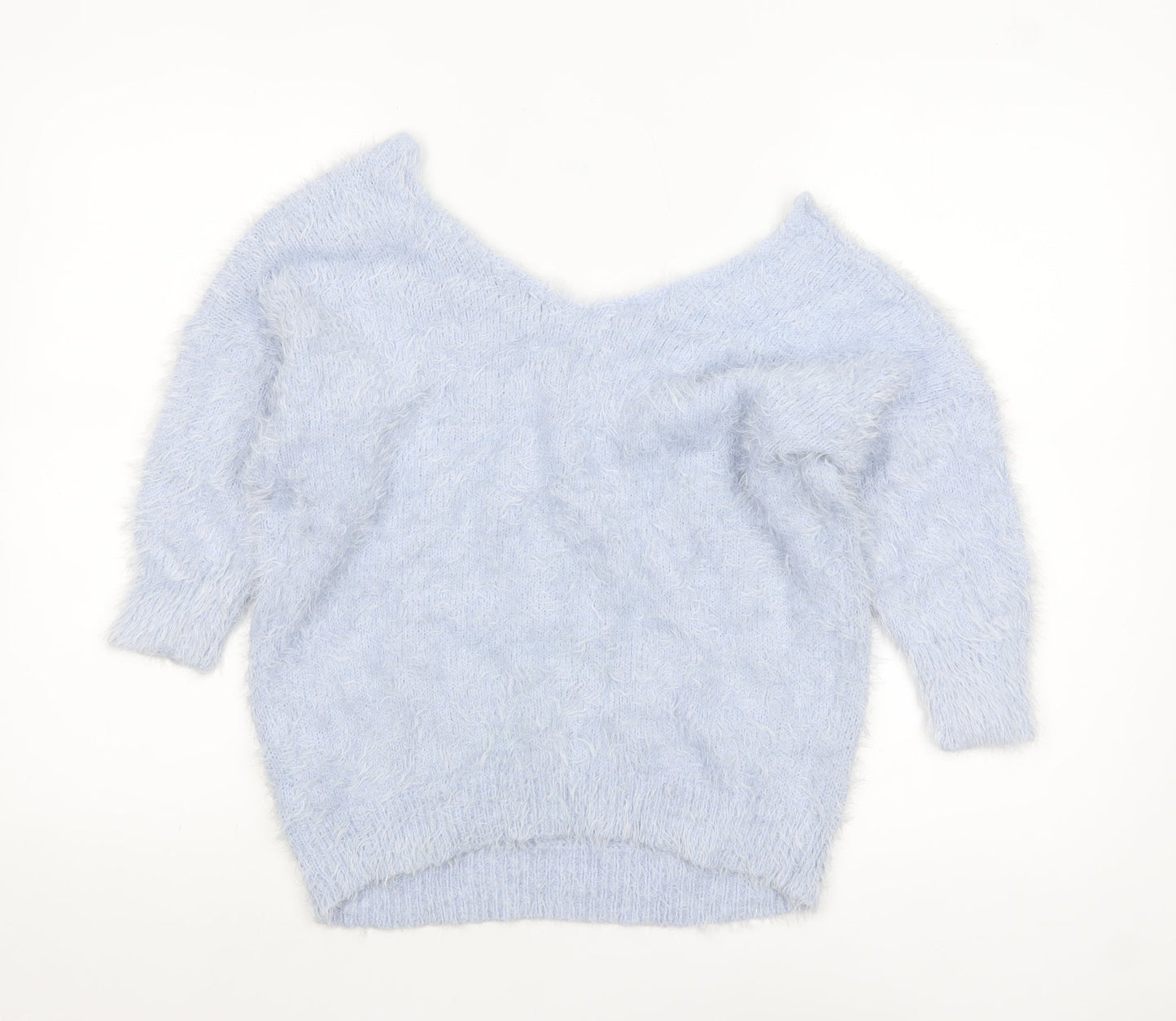 F&F Women’s Light Blue Fluffy V-Neck Pullover Jumper Size 12