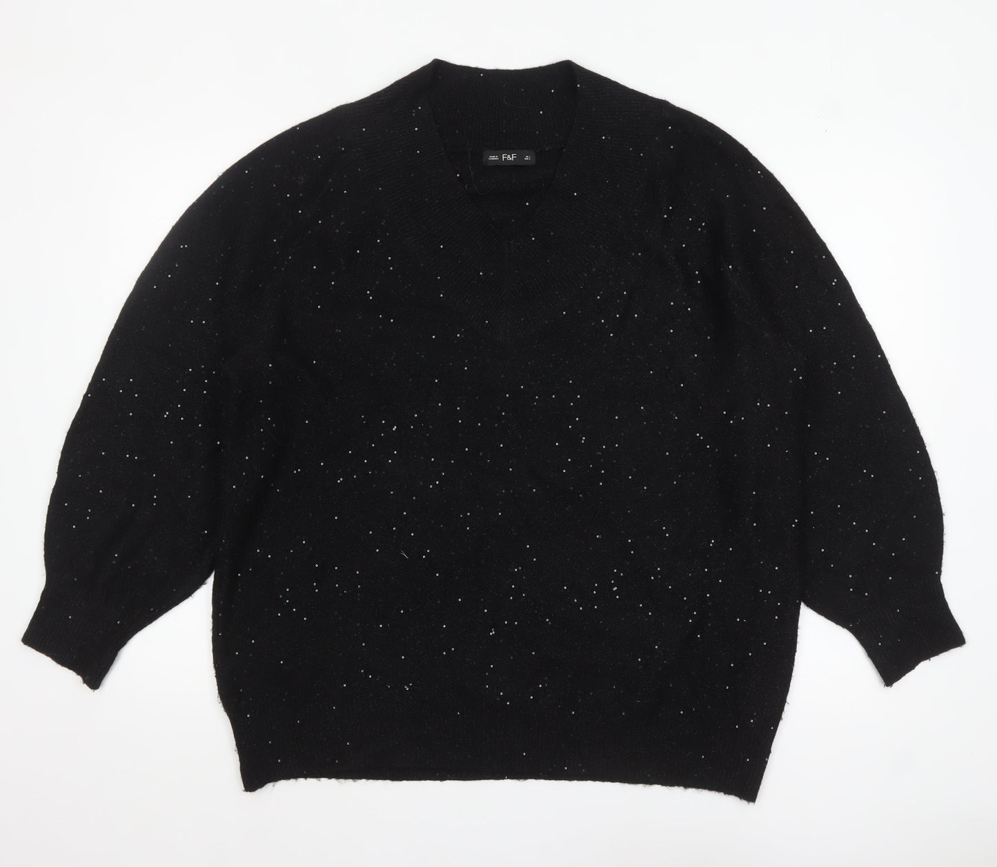 F&F Women's Black Sequin V-Neck Pullover Jumper Size L