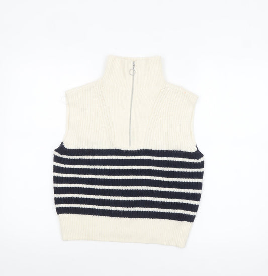 Ruby Moon Women Ivory Striped Half Zip Sleeveless Knit Vest S