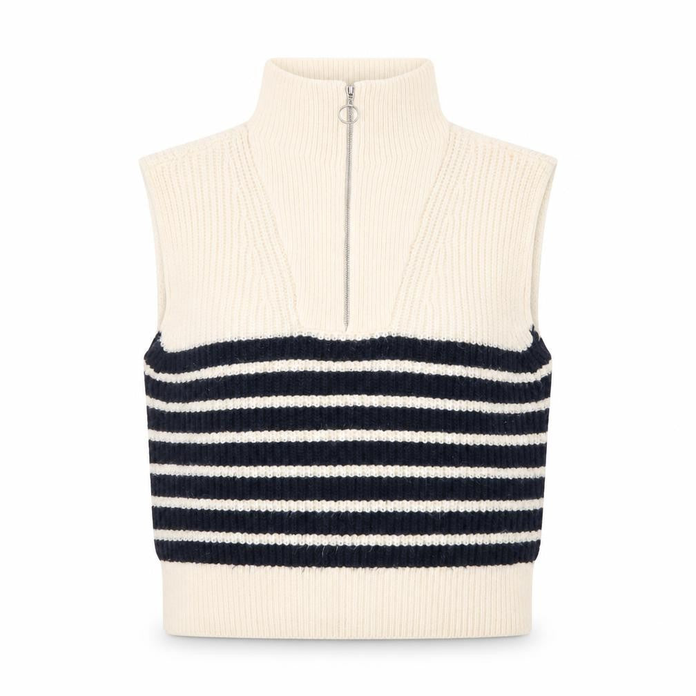 Ruby Moon Women Ivory Striped Half Zip Sleeveless Knit Vest S