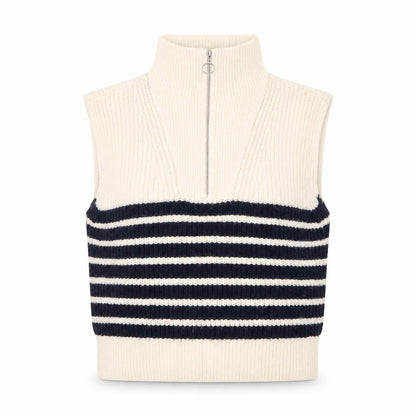 Ruby Moon Women Ivory Striped Half Zip Sleeveless Knit Vest S