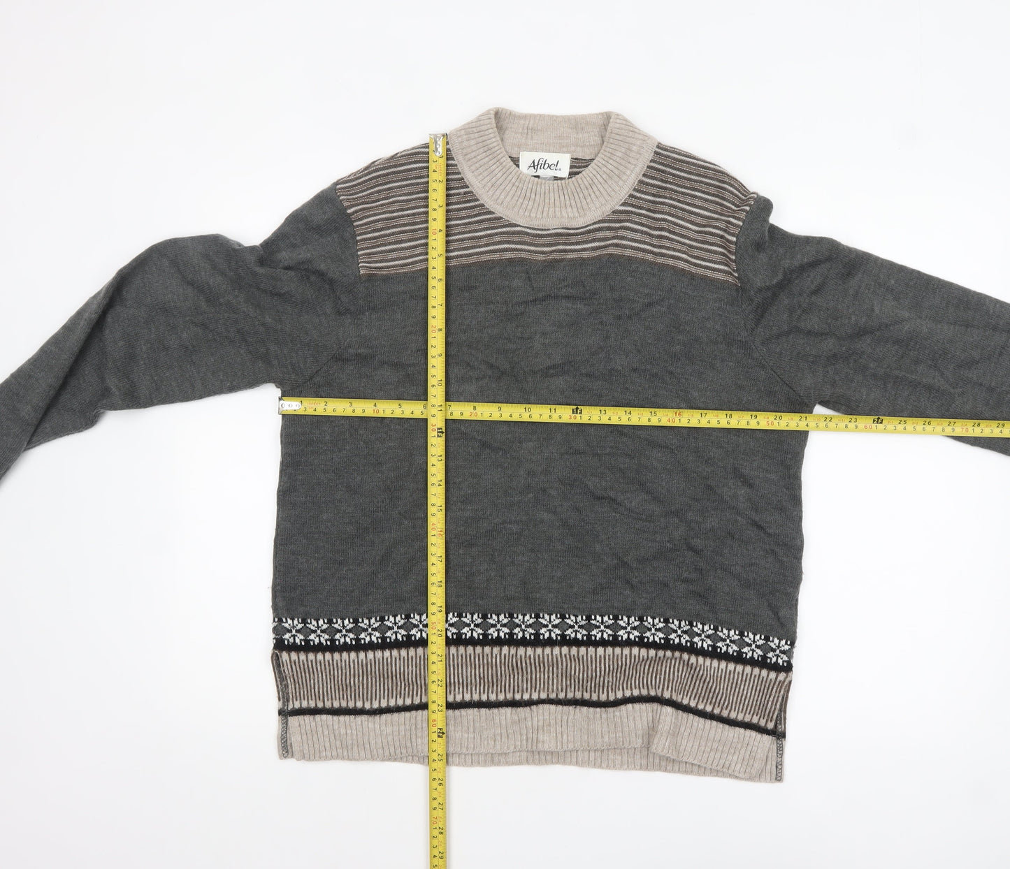 Afibel Women’s Grey Fair Isle Wool Blend Long Sleeve Pullover Jumper Size 18