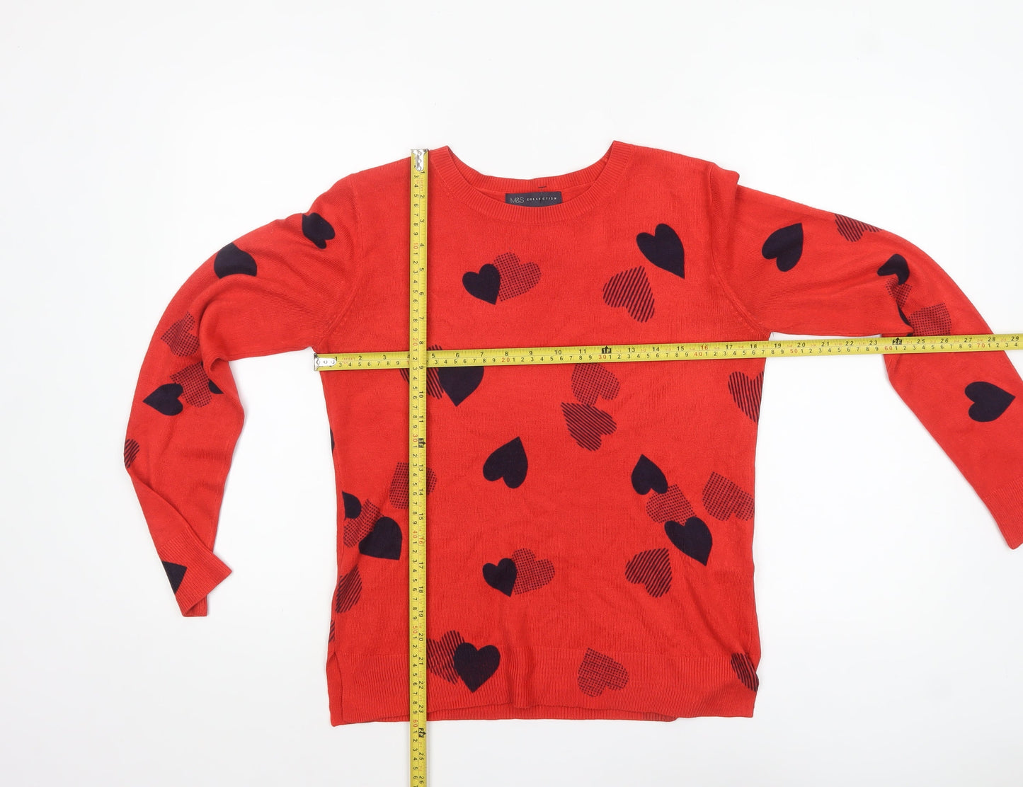 Marks and Spencer Women's Red Heart Print Crew Neck Jumper Size 10