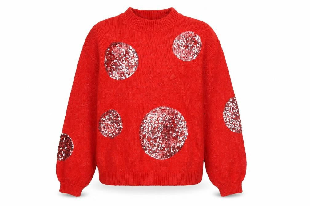 Marks & Spencer Women Red Sequin Polka Dot High Neck Jumper Size S