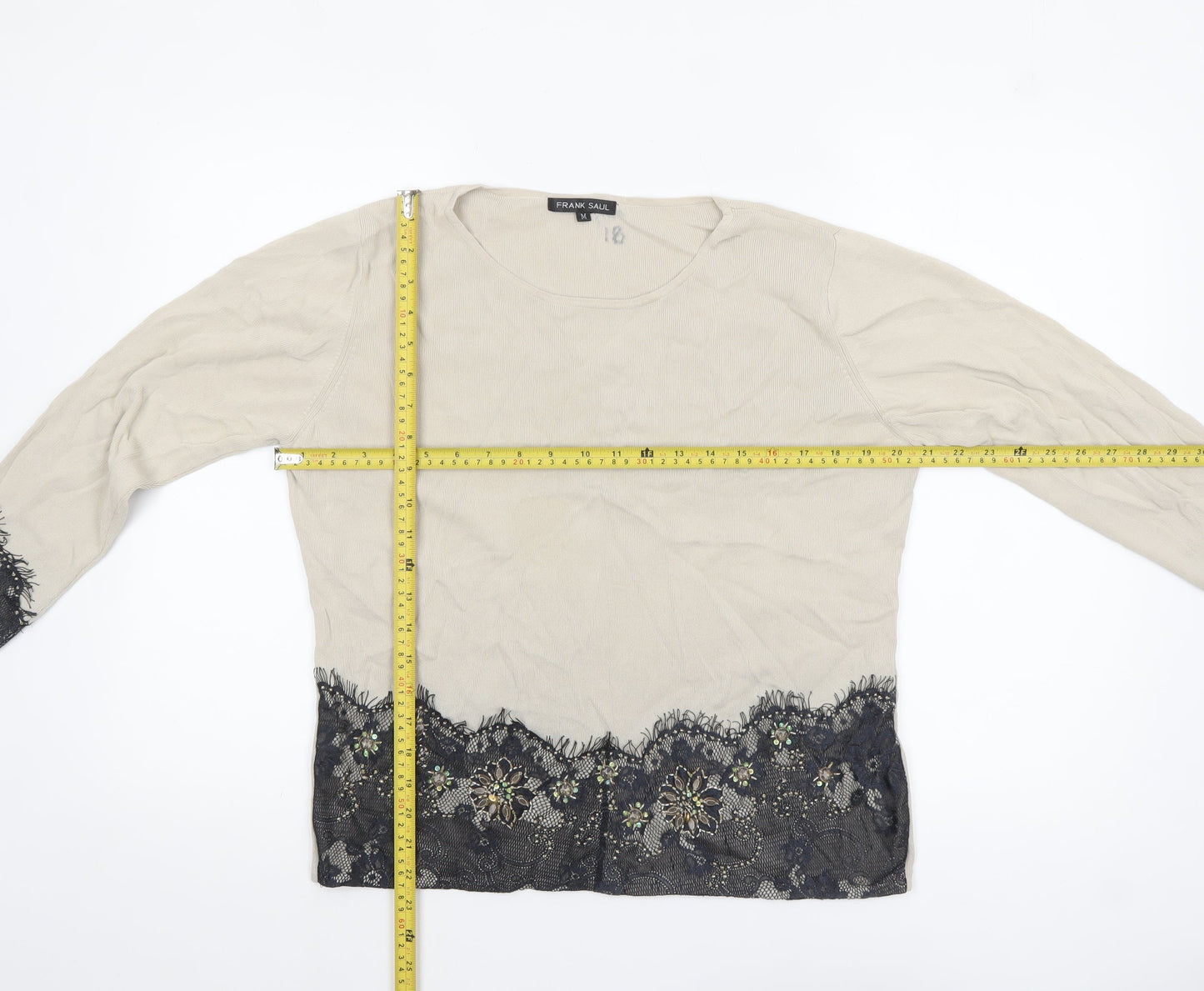 Frank Saul Womens Beige Floral Beaded Lace Hem Jumper M