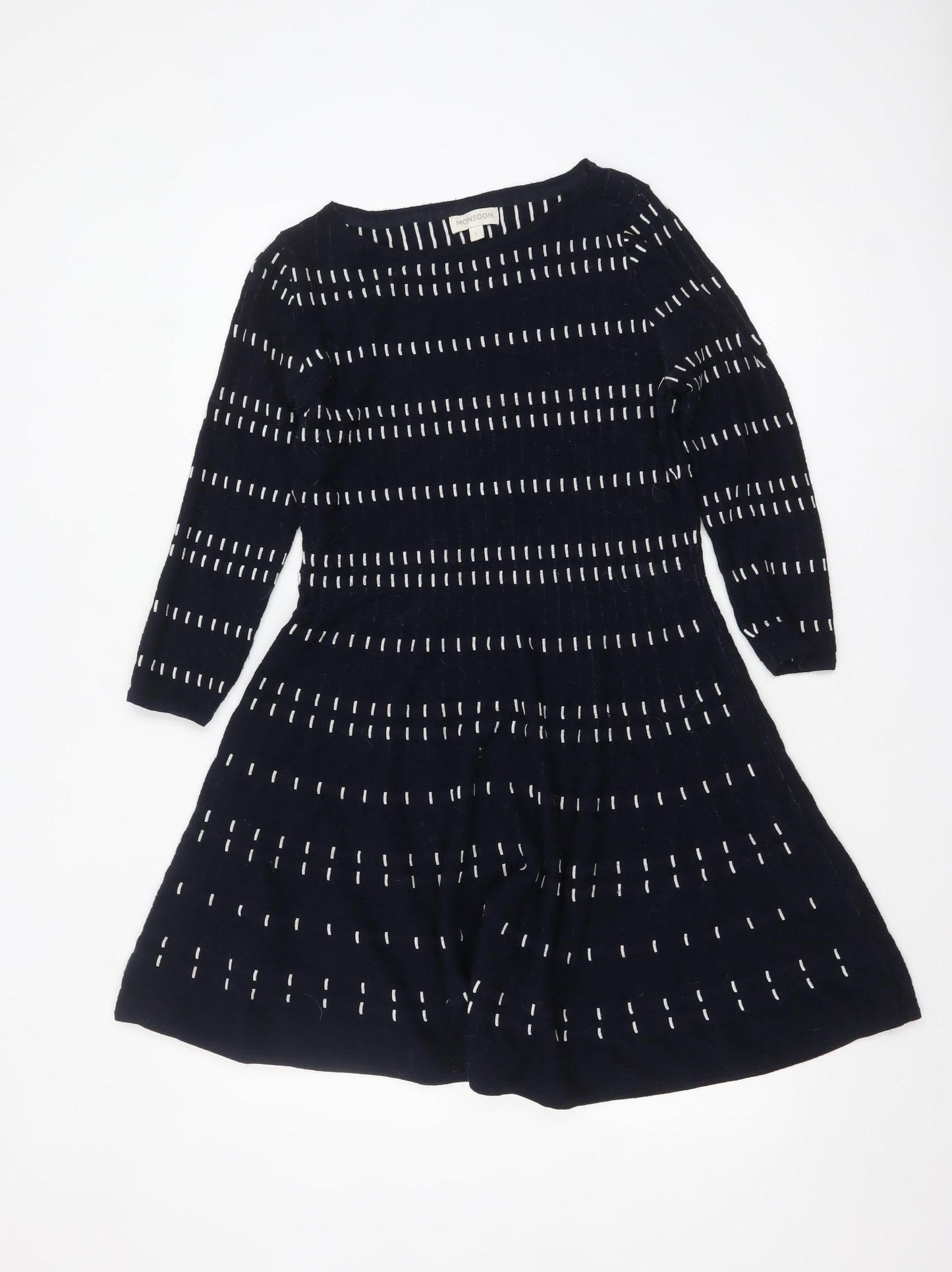 Monsoon Women Blue Striped Knit Fit & Flare Dress Size L
