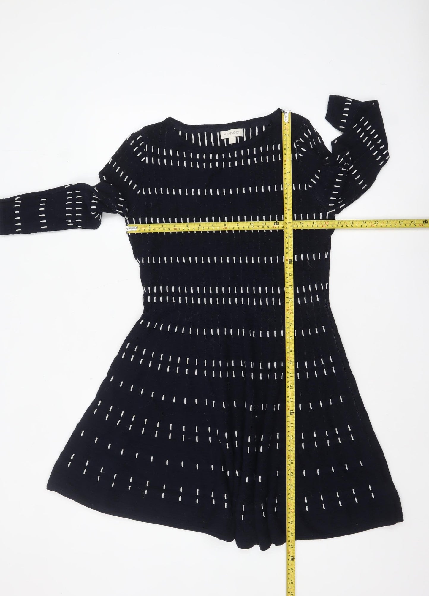 Monsoon Women Blue Striped Knit Fit & Flare Dress Size L