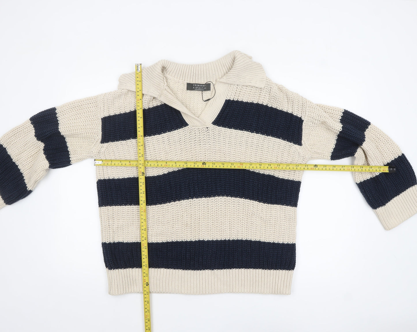 Primark Women's Beige & Navy Striped Chunky Knit V-Neck Pullover Jumper Size S