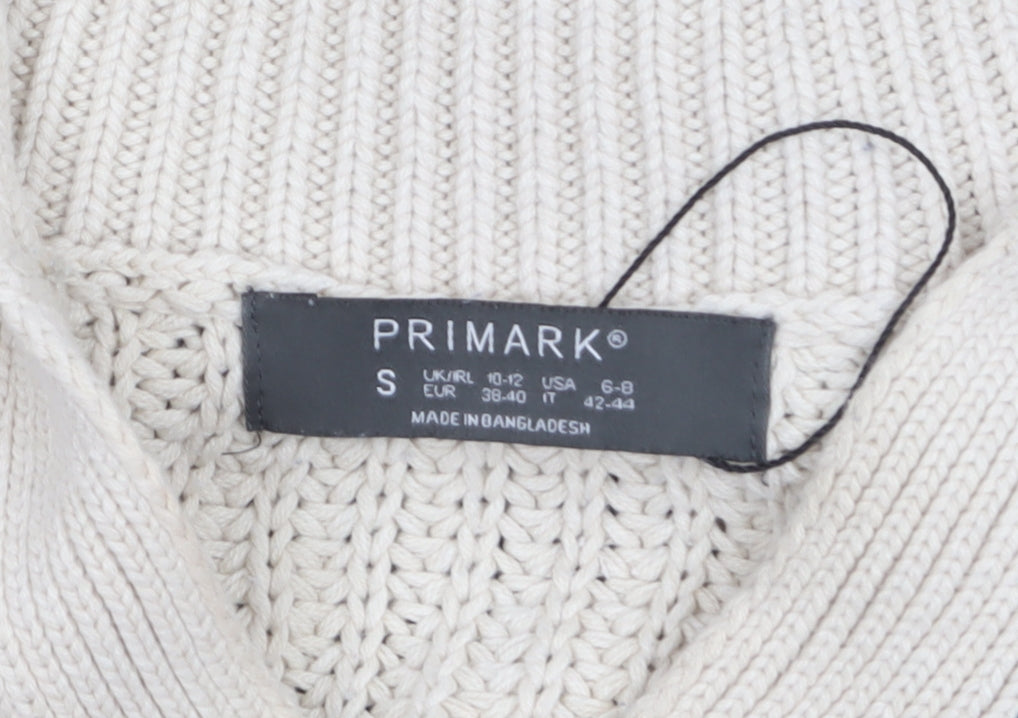 Primark Women's Beige & Navy Striped Chunky Knit V-Neck Pullover Jumper Size S