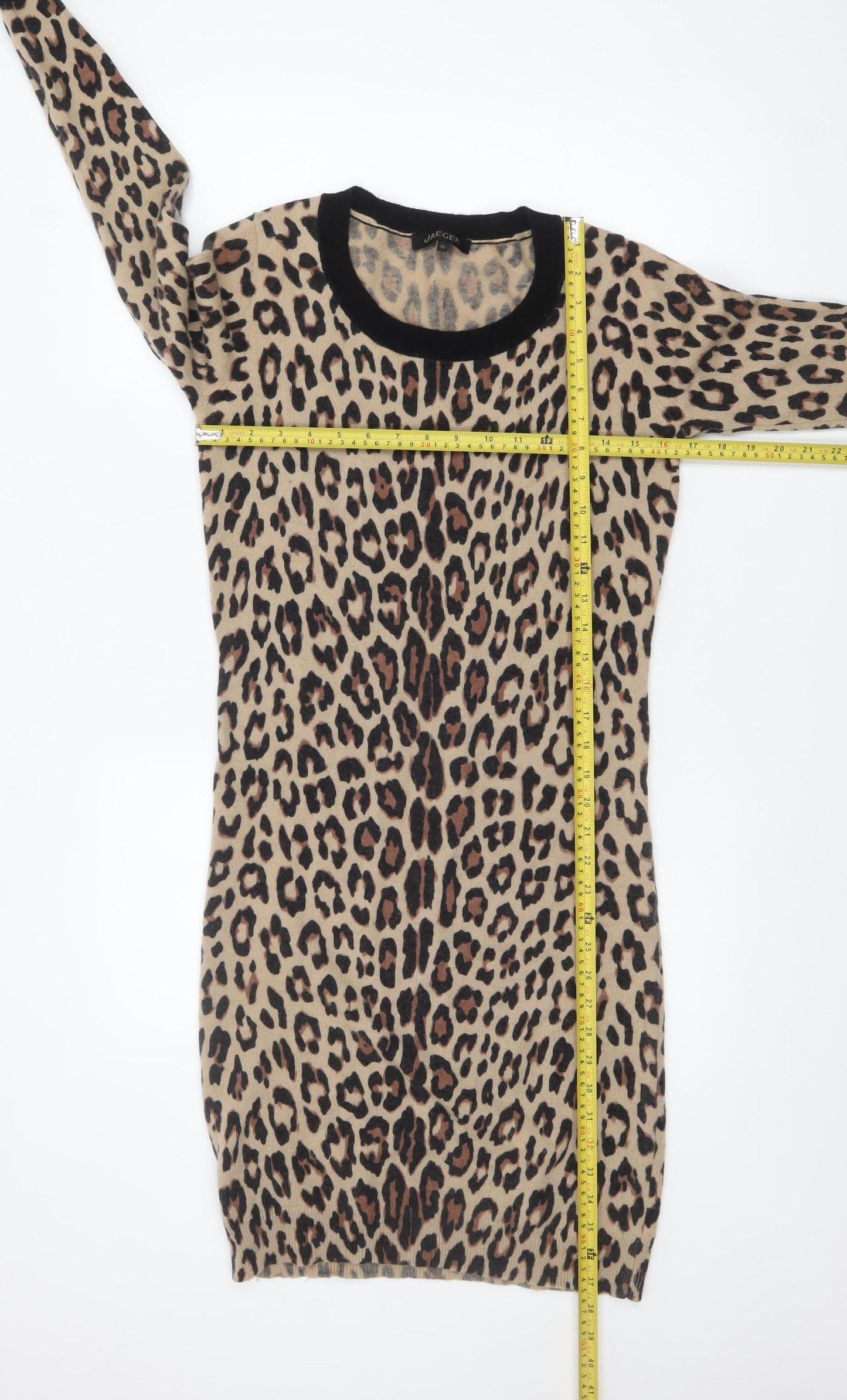 Jaeger Women Beige Leopard Knit Bodycon Dress XS Long Sleeve