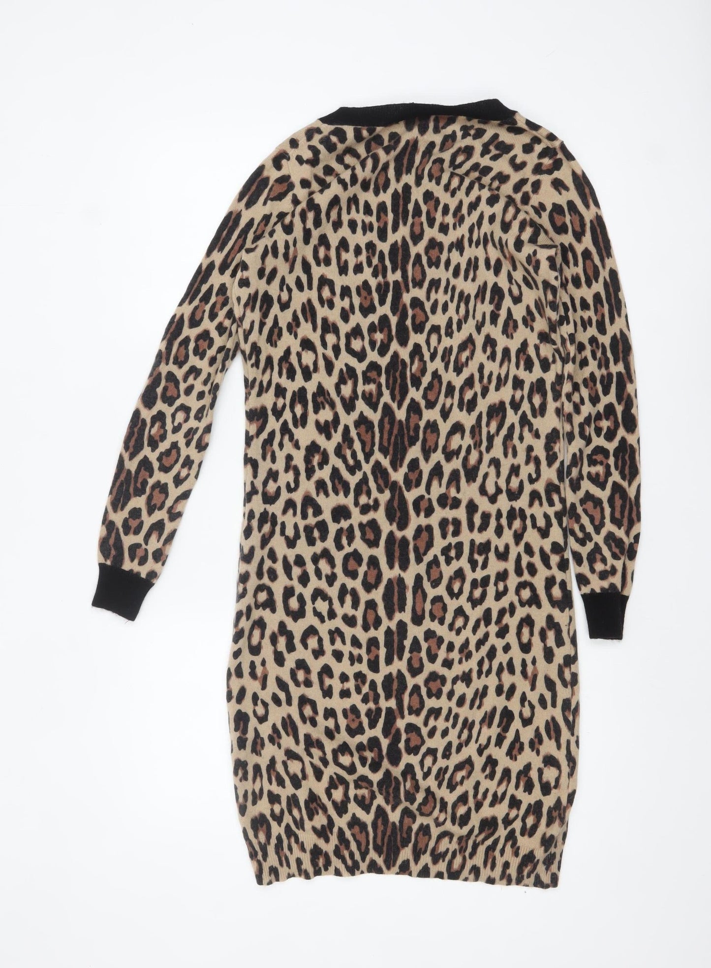 Jaeger Women Beige Leopard Knit Bodycon Dress XS Long Sleeve