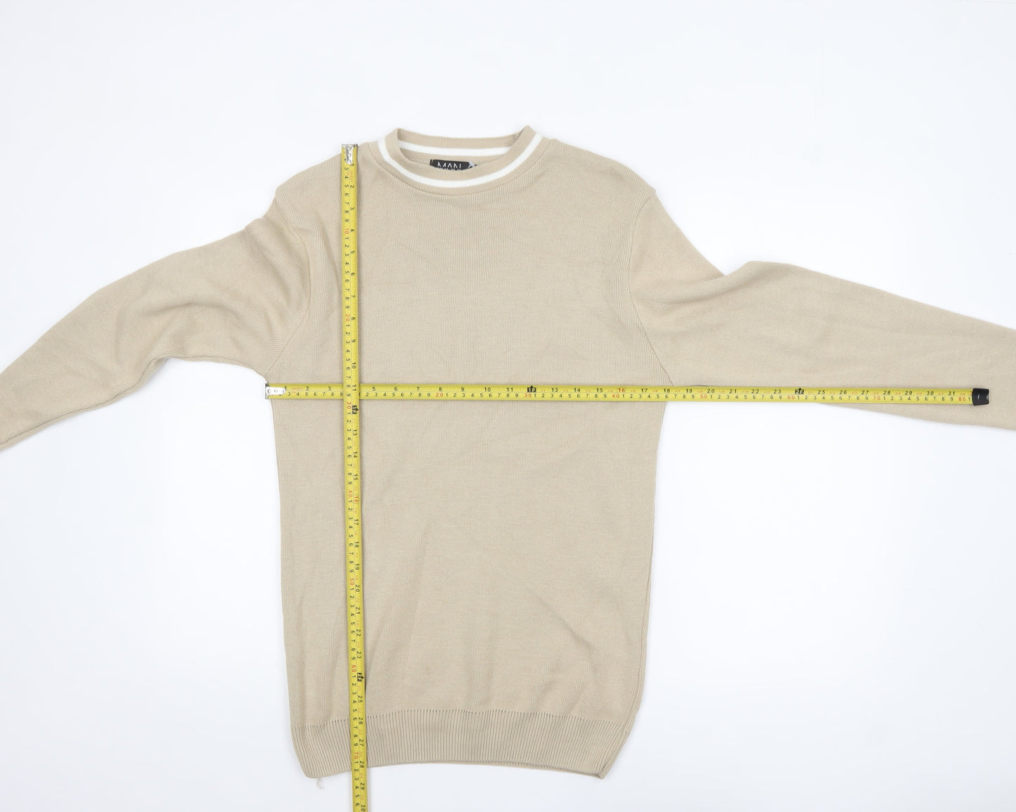 BoohooMAN Men Beige Cotton Knit Crew Neck Jumper M