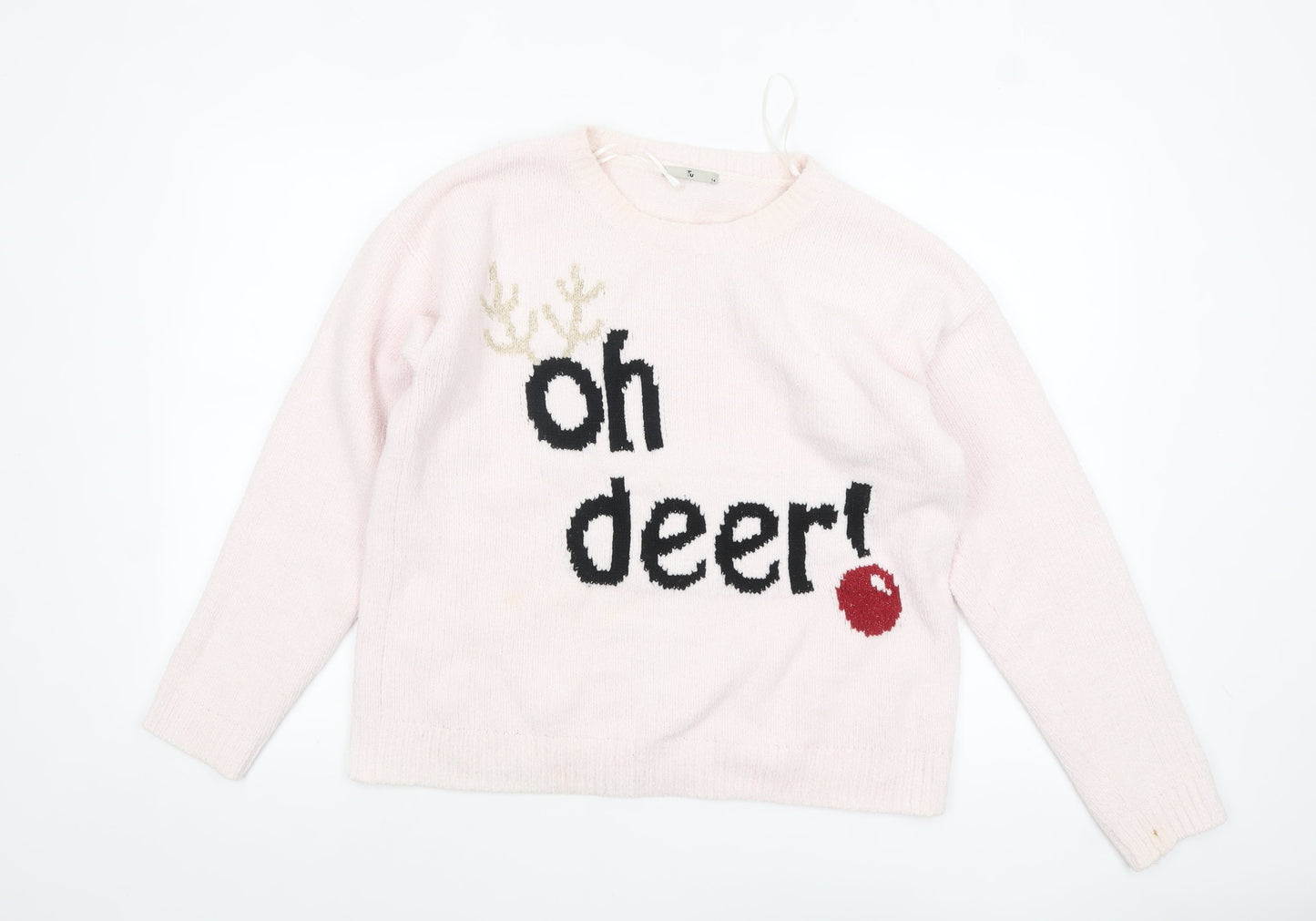 Tu Women Pink Christmas Pullover Jumper Size 14 Crew Neck
