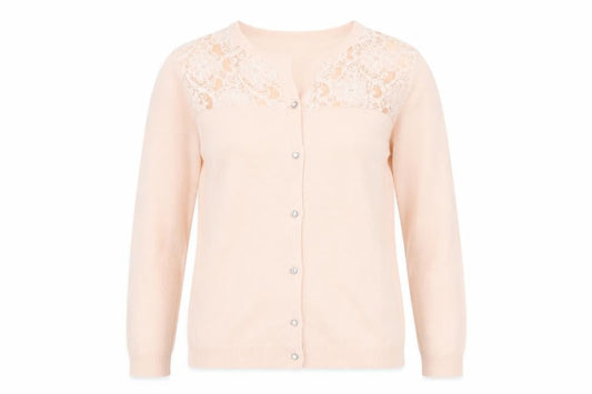 Front view of Atmosphere women’s beige lace knit cardigan, size UK 10