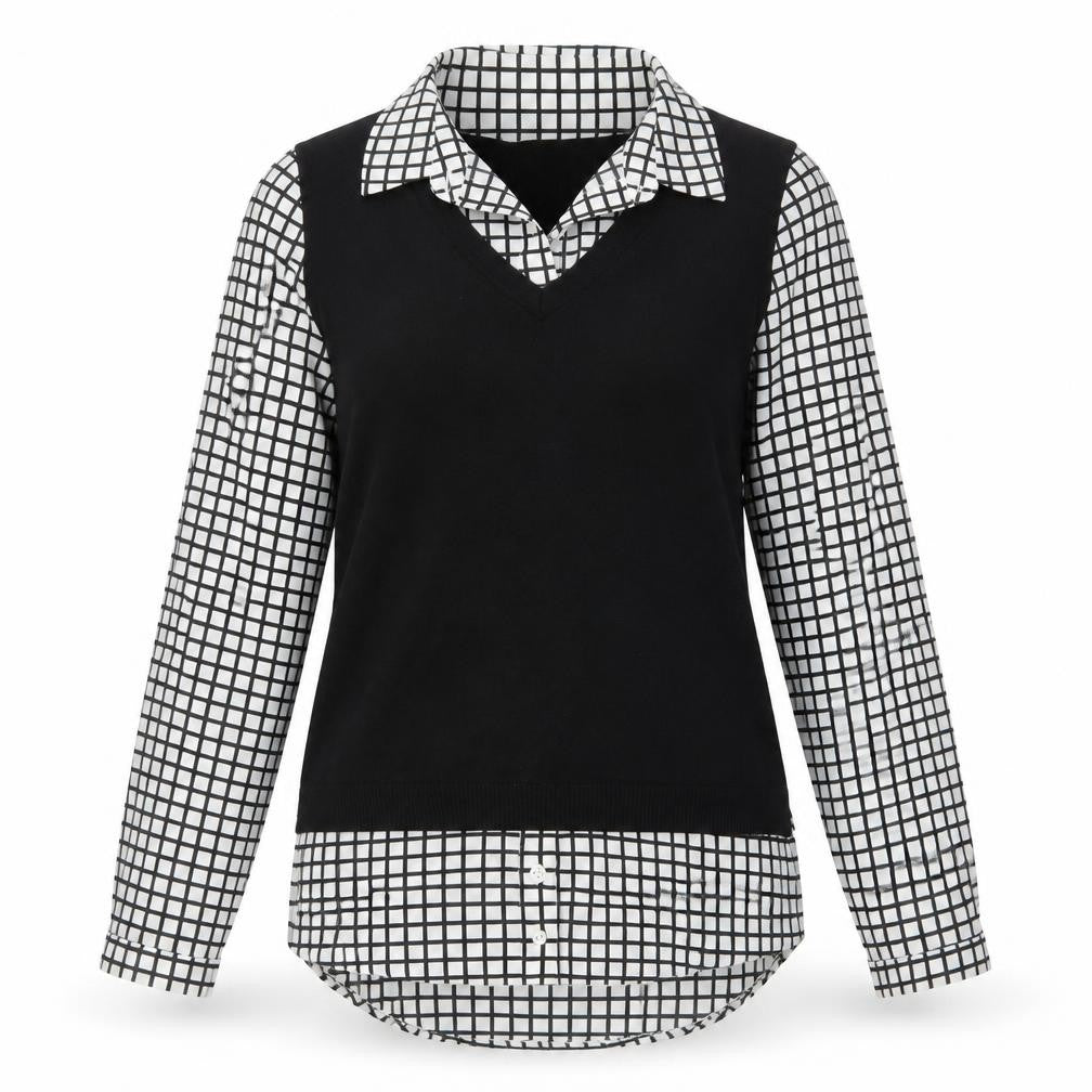 Adrianna Papell Women's Black Check Layered Collared Blouse Size S