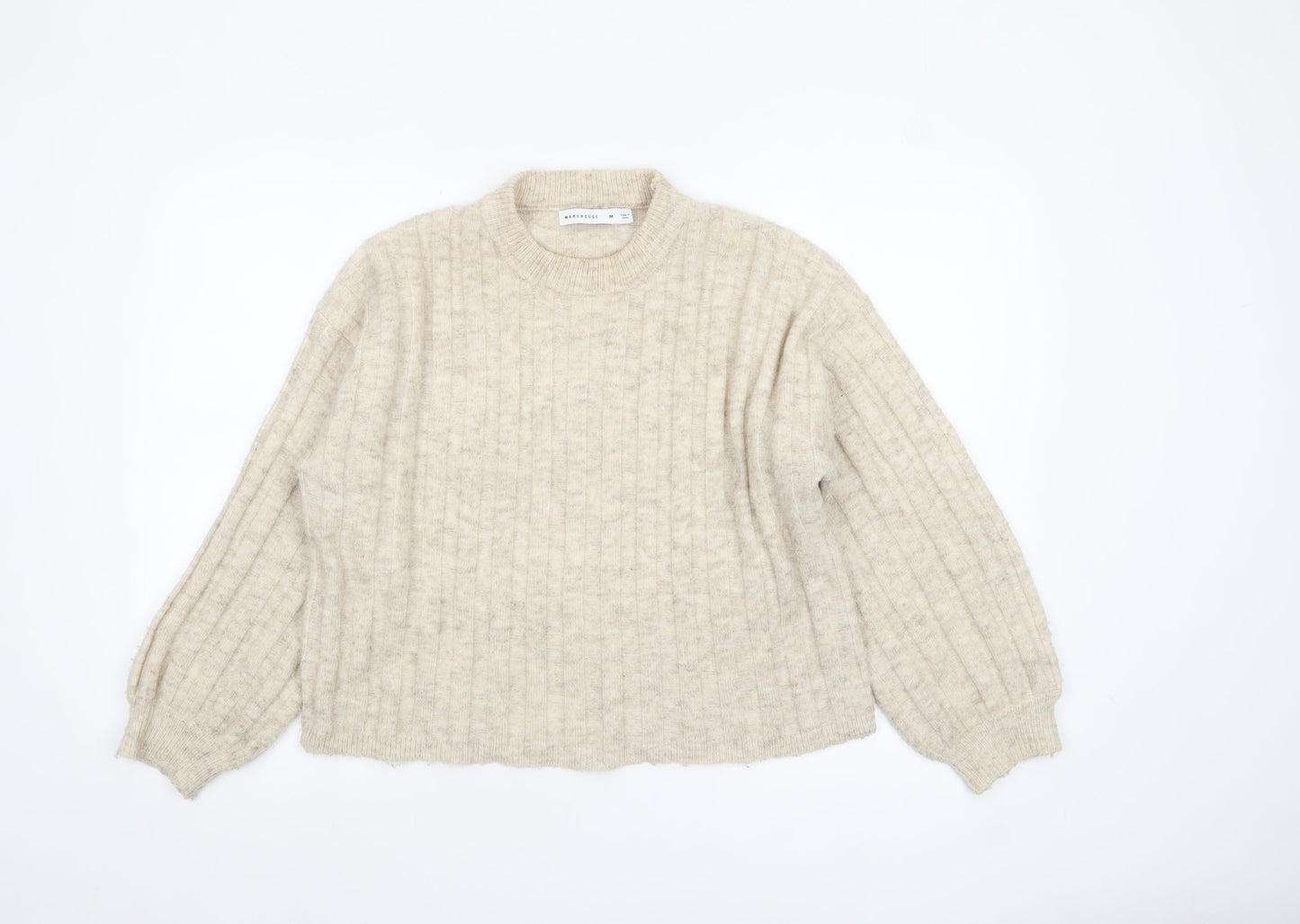 Warehouse Women's Beige Crew Neck Rib Knit Wool Blend Jumper Size M