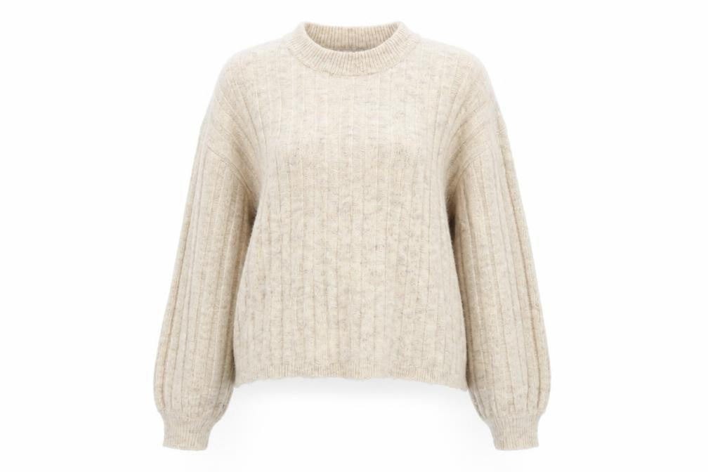 Warehouse Women's Beige Crew Neck Rib Knit Wool Blend Jumper Size M