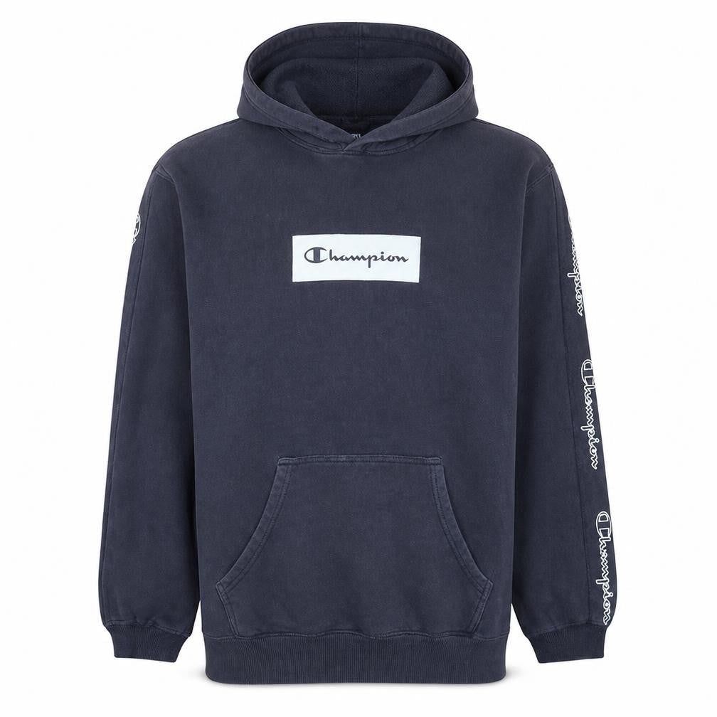 Champion Men's Blue Pullover Hoodie Medium Logo Sleeve Tape Style