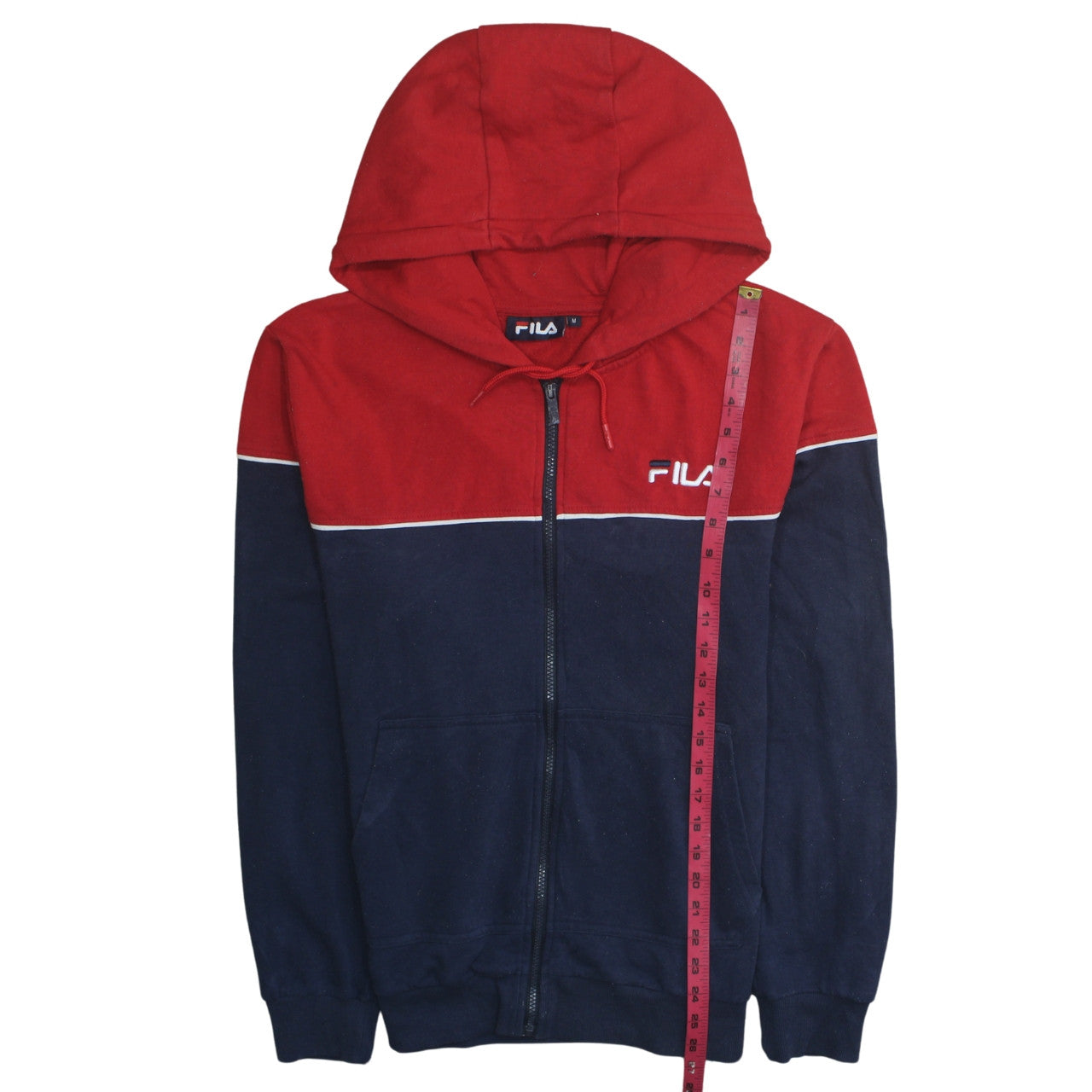 FILA Mens Red Navy Full Zip Hoodie Size M Colour Block Logo Sweatshirt