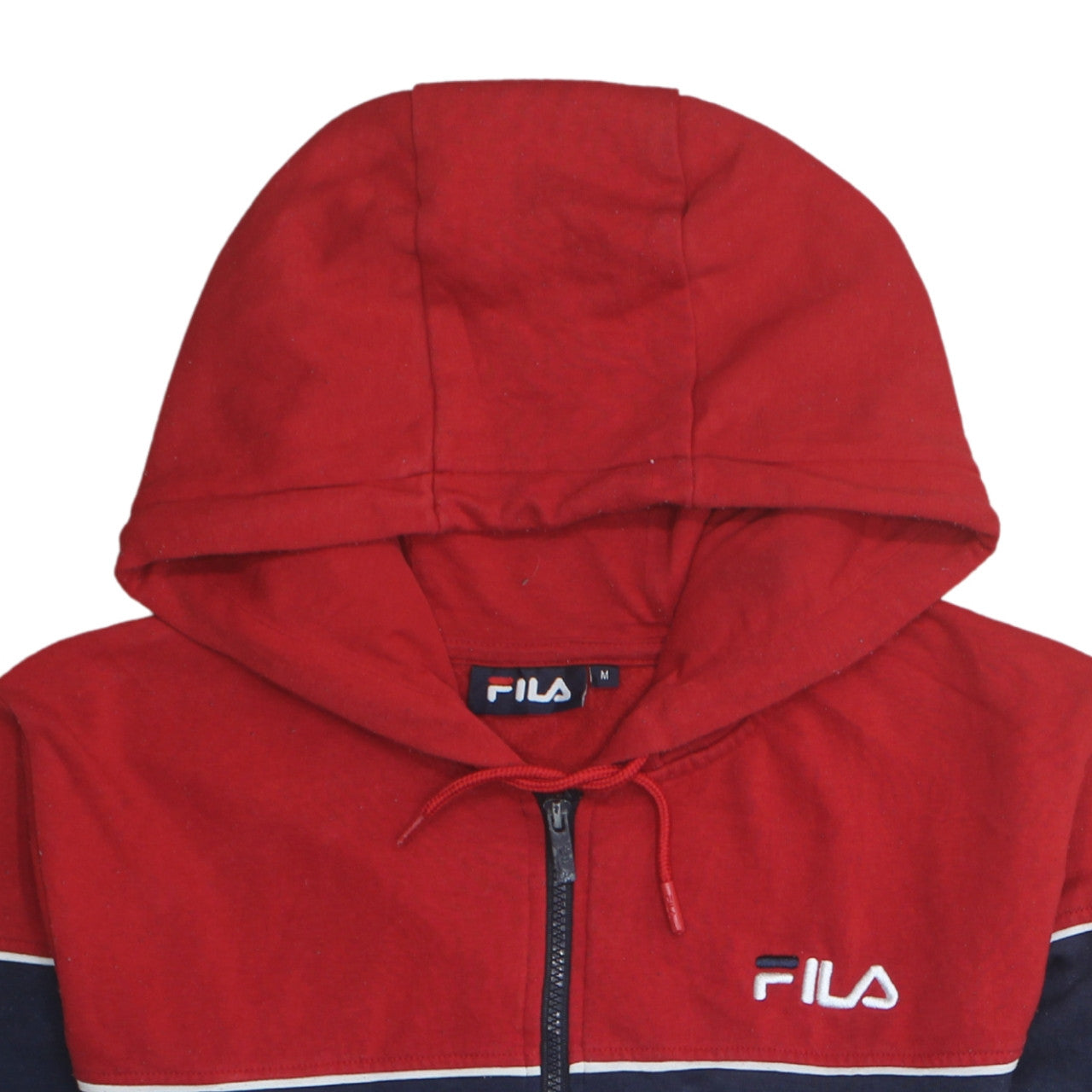 FILA Mens Red Navy Full Zip Hoodie Size M Colour Block Logo Sweatshirt