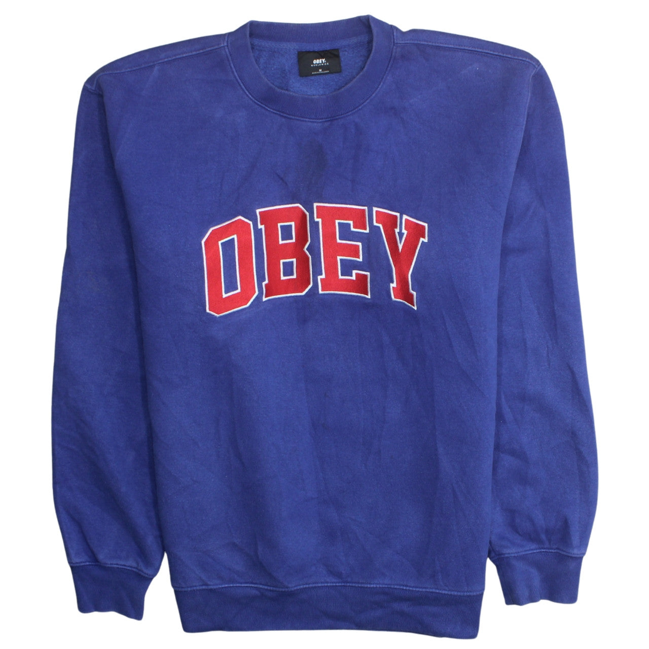 Obey Men's Blue Pullover Sweatshirt Medium Crew Neck Logo Fleece