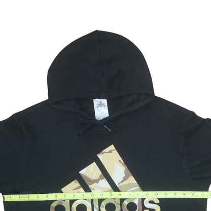 Back view of Adidas men’s black camo logo pullover hoodie, size M