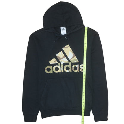Close-up detail of Adidas men’s black camo logo pullover hoodie, size M