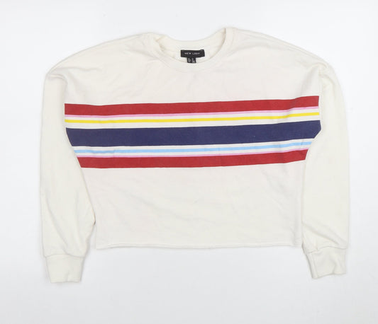 New Look Women's White Striped Crew Neck Pullover Sweatshirt UK 8