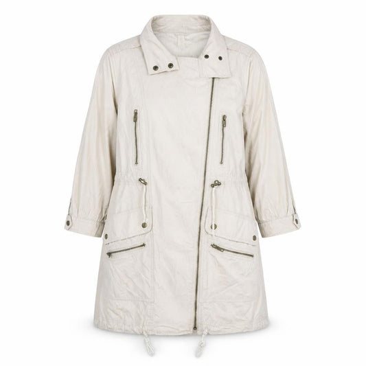 Front view of Denim Co Women Beige Parka Coat, size 12, Long Zip Up Cotton Blend