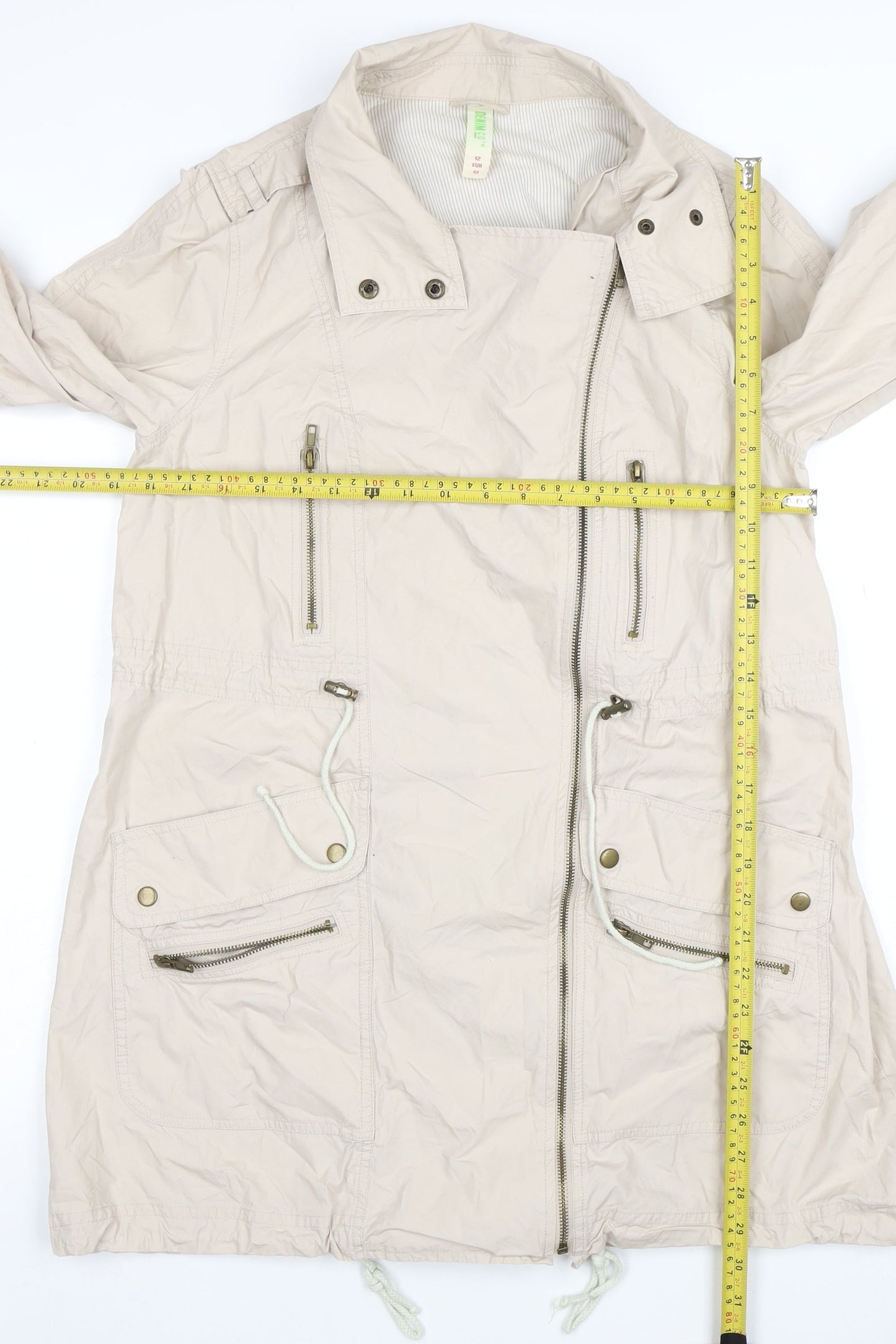 Denim Co Women Beige Parka Coat Size 12 Long Zip Up Cotton Blend