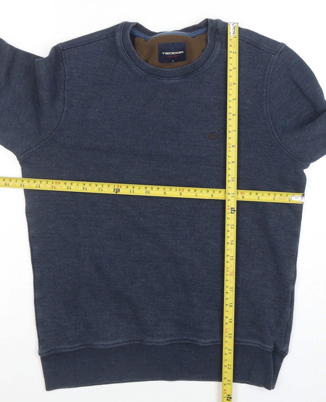 Tecdor Men's Blue Cotton Crew Neck Pullover Sweatshirt Size S