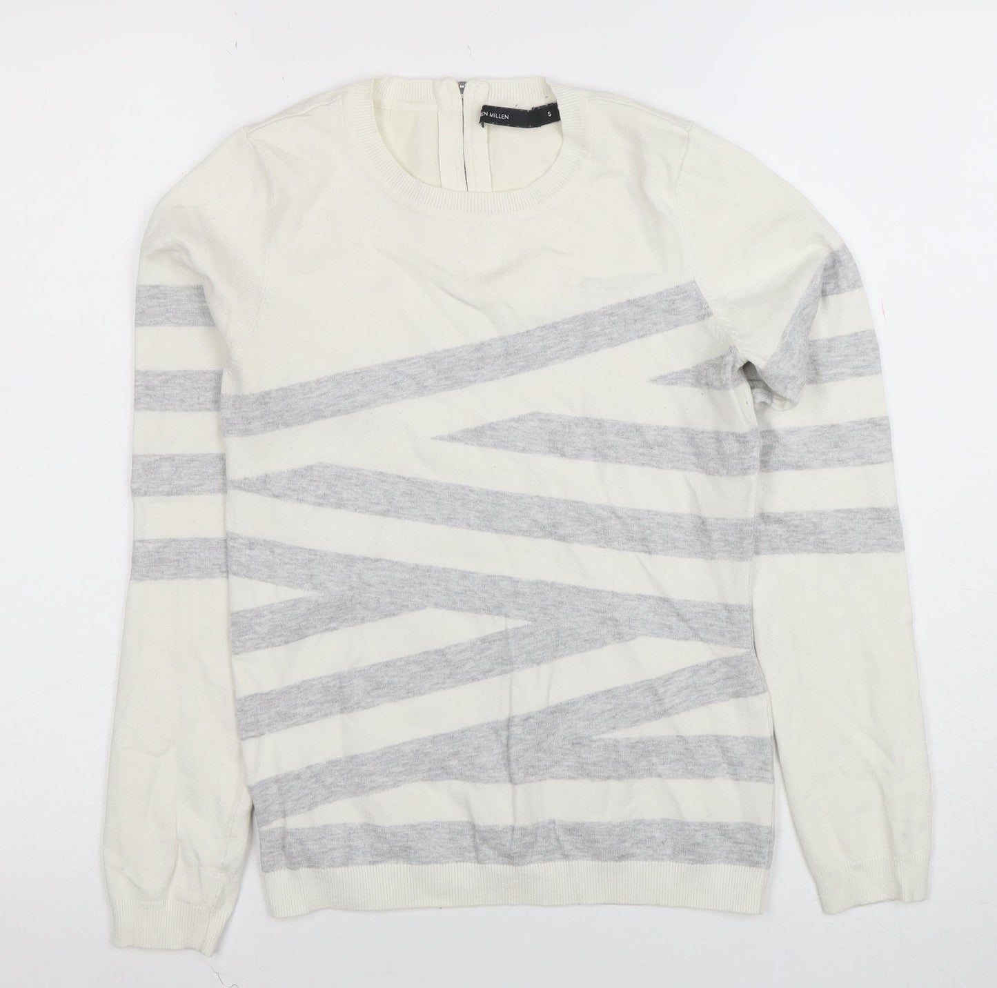 Karen Millen Women Ivory Grey Striped Jersey Knit Top UK S