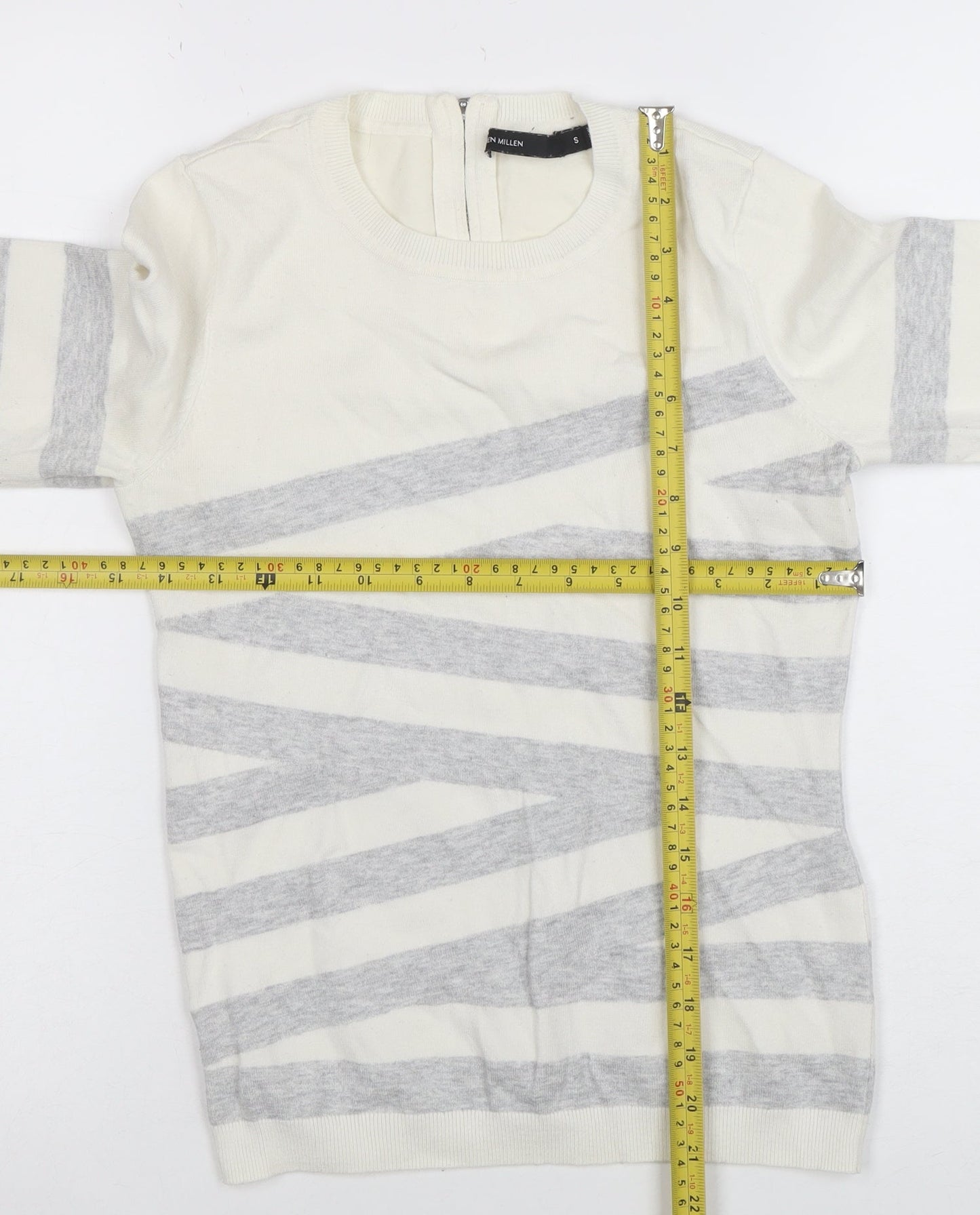 Karen Millen Women Ivory Grey Striped Jersey Knit Top UK S