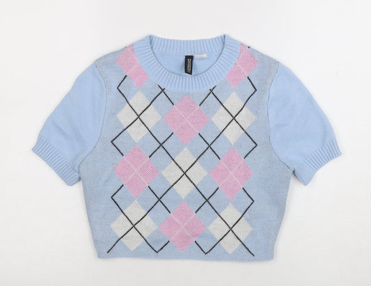 H&M Divided Women's Blue Argyle Cropped Knit Short Sleeve Top Size S