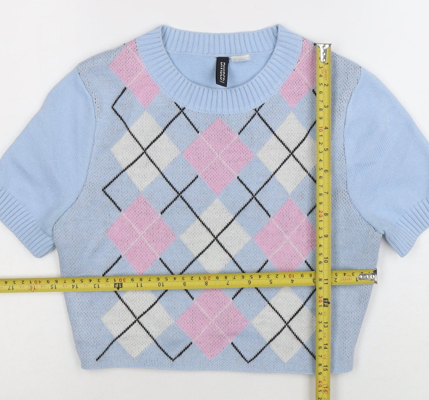 H&M Divided Women's Blue Argyle Cropped Knit Short Sleeve Top Size S
