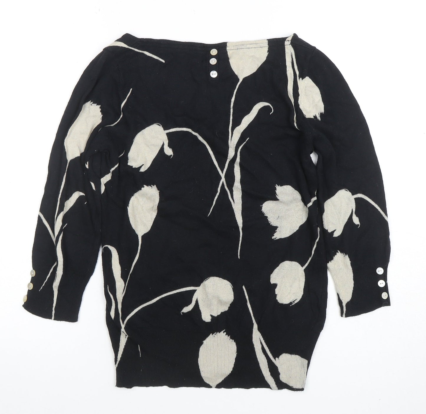 Next Womens Black Floral Knit Tunic Blouse UK 10 3/4 Sleeve