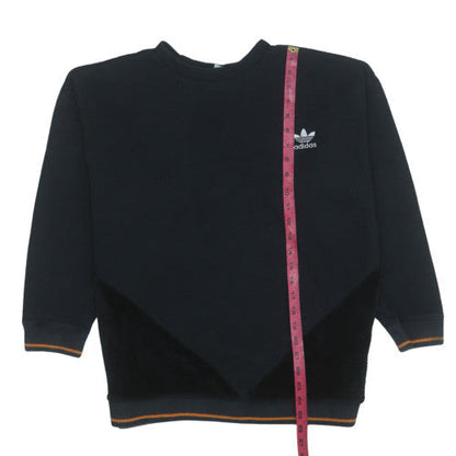 Close-up detail of Adidas women’s black crew neck pullover sweatshirt, size UK 14, relaxed fit